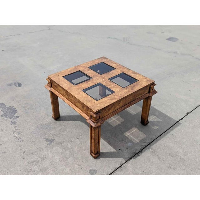 Brown Postmodern Burl Wood and Smoked Glass Square Side Table, 1970s For Sale - Image 8 of 10
