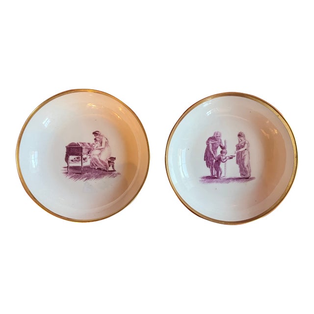 Antique 19th Century English Regency Porcelain Saucer Dishes With Adam Buck Domestic Scene in Puce Purple Circa 1810 - A Pair For Sale