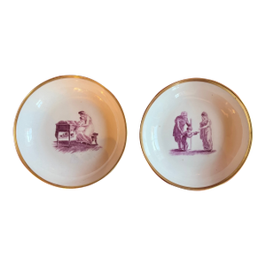 Antique 19th Century English Regency Porcelain Saucer Dishes With Adam Buck Domestic Scene in Puce Purple Circa 1810 - A Pair