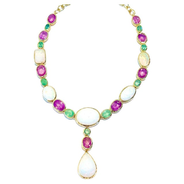 BOCHIC "Capri" Vintage Pink Sapphire, Emerald & Ethiopian Opal 18K Gold & Silver For Sale - Image 15 of 18