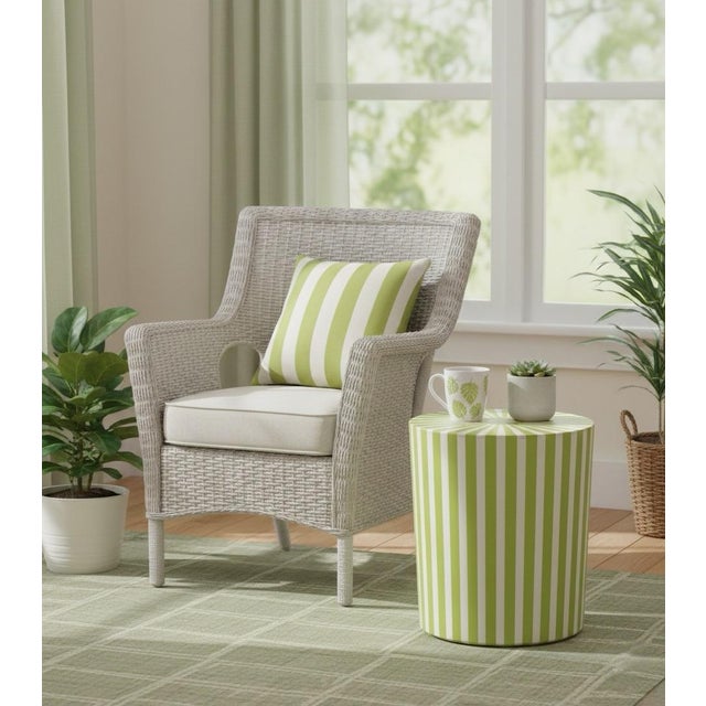 Lime Contemporary Moroccan Handcrafted Resin & Wood Striped Cylinder Side Table For Sale - Image 8 of 8