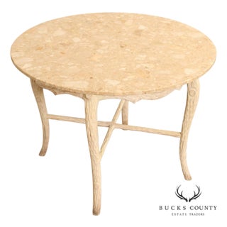 Late 20th Century Faux Bois Carved Wood & Marble Top Round Accent Table For Sale