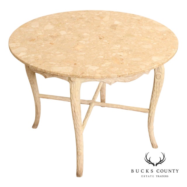 Late 20th Century Faux Bois Carved Wood & Marble Top Round Accent Table For Sale