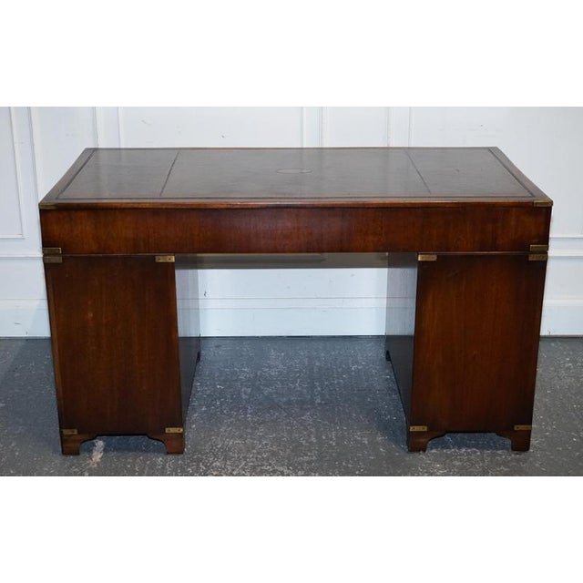 Military Campaign Twin Pedestal Desk with Aged Green Leather Top from Bevan Funell For Sale - Image 12 of 14