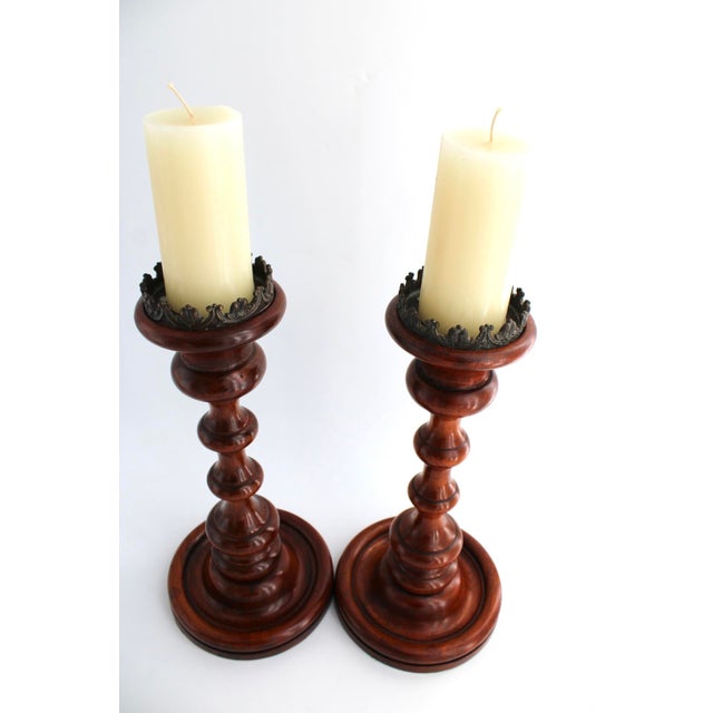 Theodore Alexander Pair of Large Turned Wood Candlesticks by Theodore Alexander, 17.5" Tall For Sale - Image 4 of 8