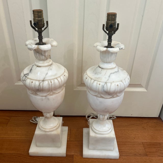 1940s Large Vintage Italian Carved Alabaster Lamps - a Pair For Sale - Image 5 of 7