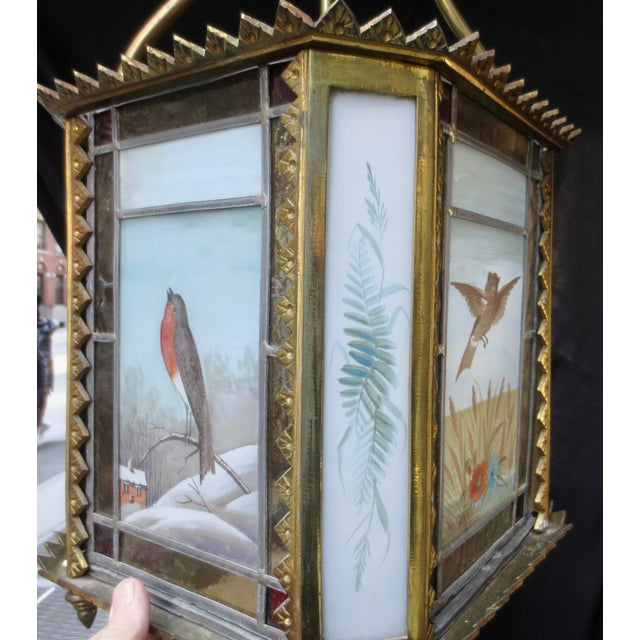1900s Arts and Crafts Stain Glass Lantern Birds For Sale In New York - Image 6 of 12