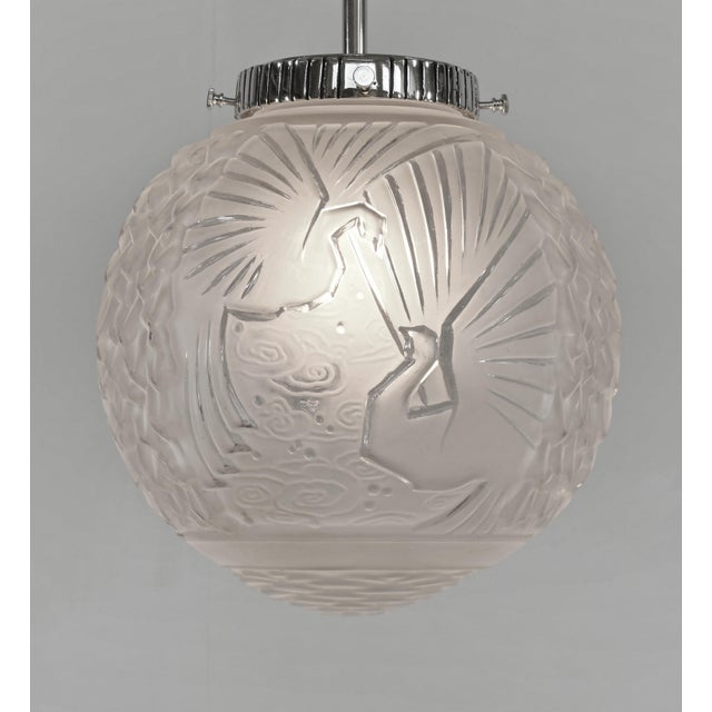 Silver Muller Freres French Art Deco Peacock Motif Pendant Light 1930s - 3 Available For Sale - Image 8 of 14