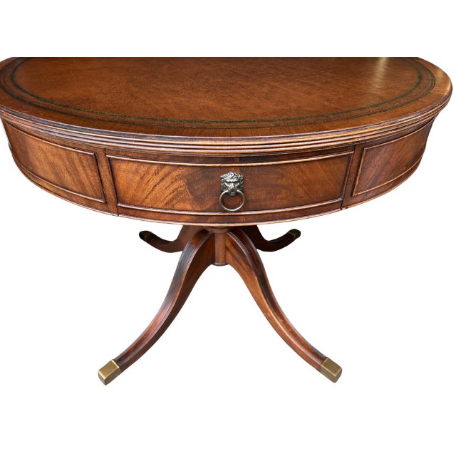 Wood Early 20th Century Regency Style Mahogany Drum Table With Tooled Leather Top & Lion Head Brass Pulls – Pedestal Base Library Table For Sale - Image 7 of 7
