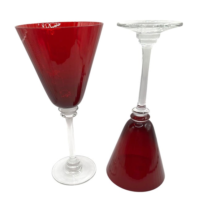 Vintage Elegant Ruby Red Fluted Wine Goblets With Crystal Clear Stems - A Pair For Sale In Birmingham - Image 6 of 12