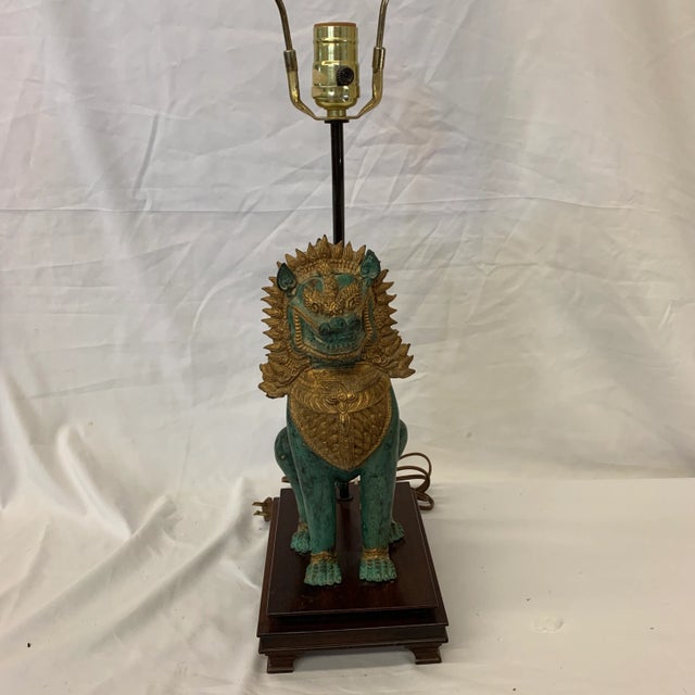 Khymer Style Gilt & Bronze Singha Temple Lion Lamp For Sale - Image 9 of 13