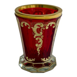 1950s Ruby Flash Glass Goblet With Gilt Scrollwork — Bohemian Biedermeier Style For Sale