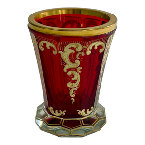 1950s Ruby Flash Glass Goblet With Gilt Scrollwork — Bohemian Biedermeier Style