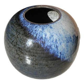 Studio Ceramic Spherical Vase with Blue Flowing Glaze, Germany, 1970s For Sale