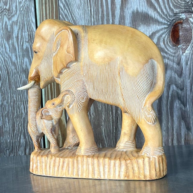 Vintage Boho Hand Carved Elephants Sculpture For Sale - Image 4 of 8
