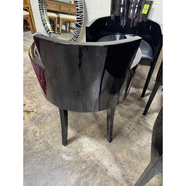This is a like new set of four dining or game table chairs from Alden Parkes, now Alden Home. High gloss black lacquer...