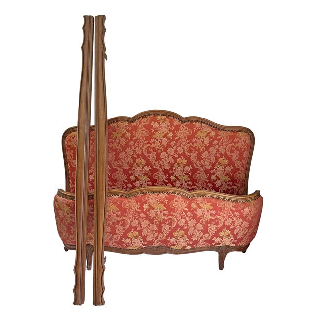 Mid 20th Century Vintage French Carved Walnut Upholstered Double Bed Frame Red Floral Damask Louis XV Style For Sale - Image 5 of 9