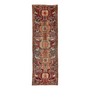 Vintage Pictorial Persian Heriz Wool Runner With Multicolor Design