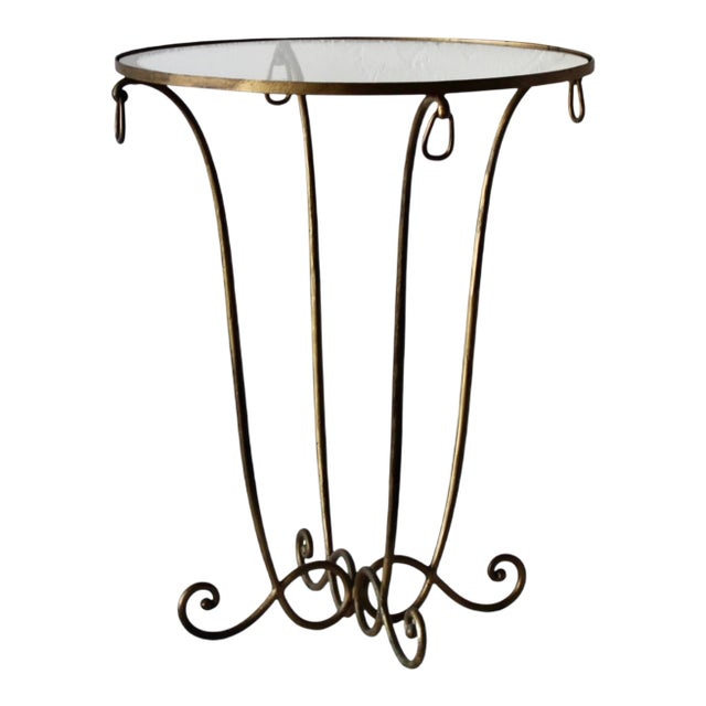 Late 20th Century Rene Drouet Style Gilded Metal Glass Side Table Hoop Decorations Vintage Mid-Century For Sale