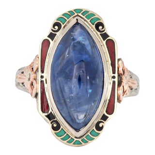 Vintage Art Deco Ring Natural Ceylon Sapphire Enamel Cocktail 14k Gold Filigree, Size 5.25 For Sale