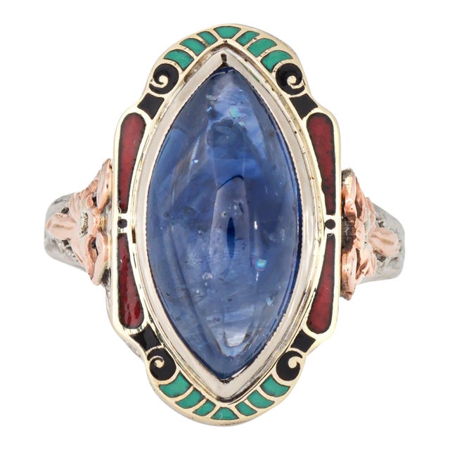 Vintage Art Deco Ring Natural Ceylon Sapphire Enamel Cocktail 14k Gold Filigree, Size 5.25 For Sale
