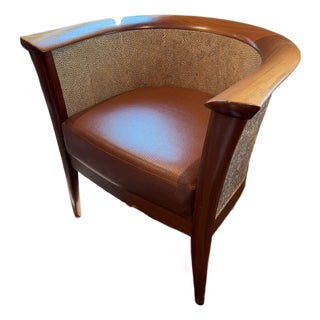 Donghia Hard‑Shell Barrel Chair – Leather Seat & Patterned Textile Interior For Sale