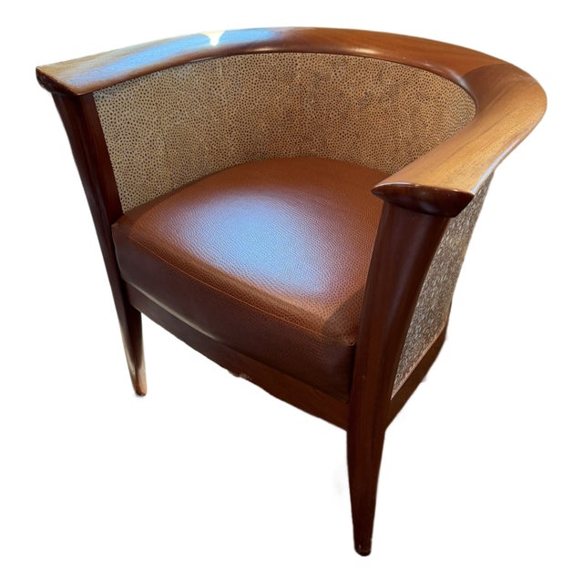 Donghia Hard‑Shell Barrel Chair – Leather Seat & Patterned Textile Interior For Sale