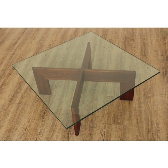 1960s Mid Century Modern Walnut Base Glass Top Coffee Table For Sale - Image 5 of 13