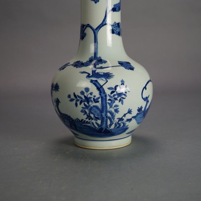 Chinese Chinese Blue & White Pottery Bottle Vase with Garden Scene & Deer, Early 20th Century For Sale - Image 3 of 8