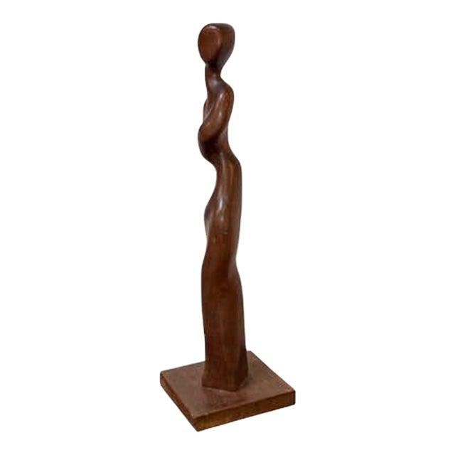 Hand Carved Teak Sculpture of Woman, Mid-Century Modern, USA, 1968 For Sale