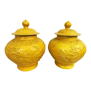 Pair of Famille Jaune Imperial Yellow Dragon Ginger Jars 17.5"