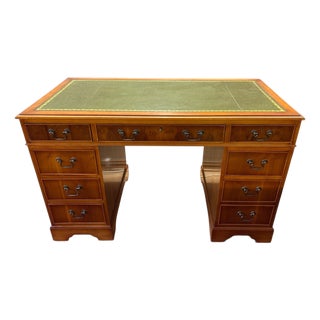 Vintage English Style Pedestal Desk with Green Leather Top For Sale