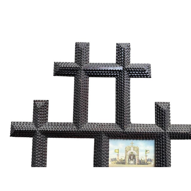 Beautiful tramp art frame! Five notched layers. Large size with eight openings for your artwork. Post card included.