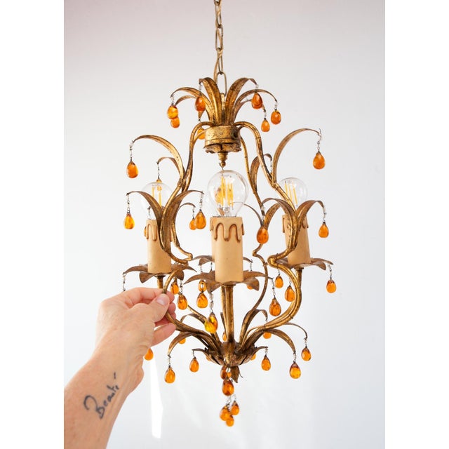 Small Italian Chandelier in Gilt Metal with Leaves and Flowers, 1960 For Sale - Image 3 of 8