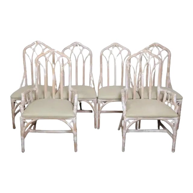 Vintage Cathedral Rattan Upholstered Dining Chairs - Set of 6 For Sale