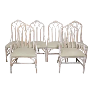 Vintage Cathedral Rattan Upholstered Dining Chairs - Set of 6