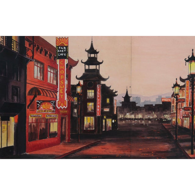 French School Artist, Chinatown in San Francisco at Twilight, 1950s, Ink & Gouache, Framed For Sale - Image 9 of 13
