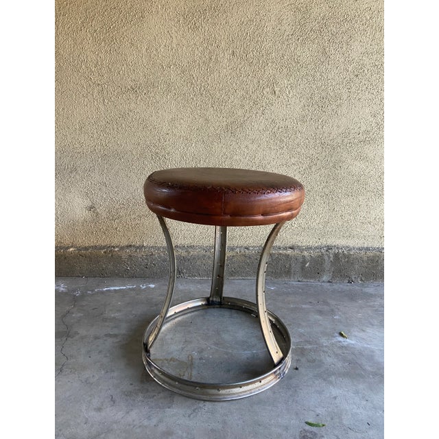 Industrial Leather and Steel Stool For Sale - Image 4 of 12