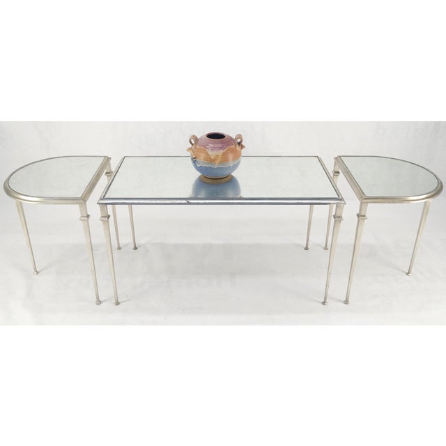 Heavy Silver Gilt Steel Mirrored Top Racetrack Shape 3 Pieces Coffee End Tables For Sale - Image 6 of 10