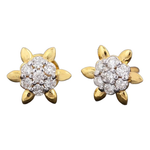 14k Yellow Gold Studs Natural Pave Diamond Earrings, A Pair For Sale