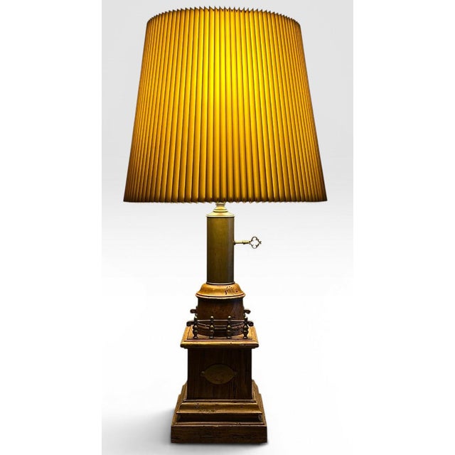 Antique Victorian Converted Brass Column Lamp on Wood Base With 1786 Plaque For Sale - Image 14 of 17