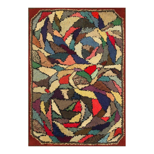 Great Red Border Color and Multi Color Background Vintage American Hooked Rug For Sale