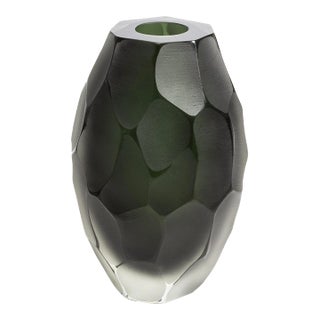 Hand Blown Murano Battuto Vase in Black and Deep Green For Sale