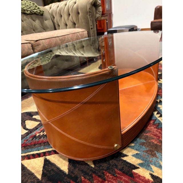Campaign Postmodern Cognac Leather & Glass Oval Coffee Table With Sculptural Base For Sale - Image 3 of 11