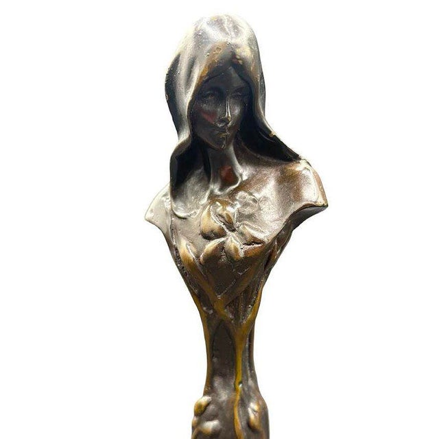 Metal Early 20th Century Emmanuel Villanis Style Art Nouveau French Virgin Mary Sculpture With Marble Base For Sale - Image 7 of 8