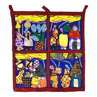 Early 20th Century Weya 4 Panel Story Quilt of Village Life For Sale