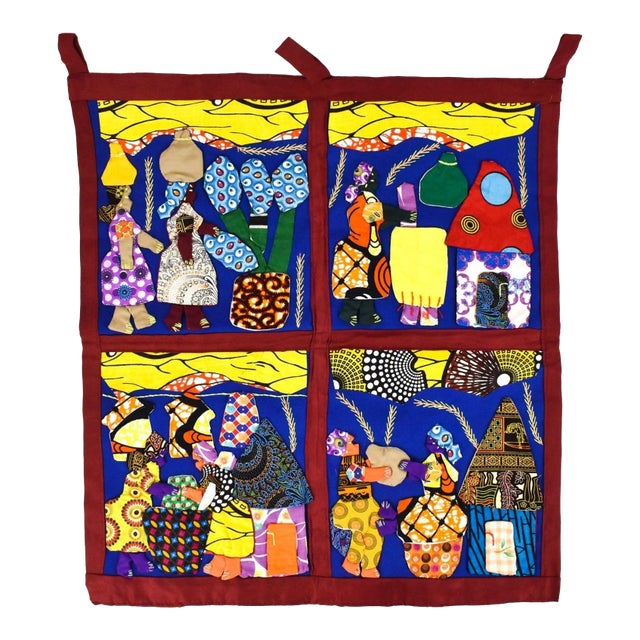 Early 20th Century Weya 4 Panel Story Quilt of Village Life For Sale