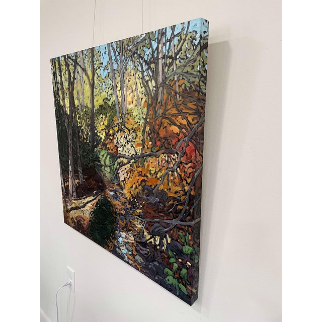 Contemporary Olde World Charm by Deb Komitor | Oil on cradle board Landscape with trees and a stream For Sale - Image 3 of 5