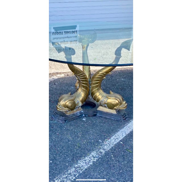 Hollywood Regency Vintage Hollywood Regency Solid Brass Italian Dolphin Koi Dining Table For Sale - Image 3 of 3