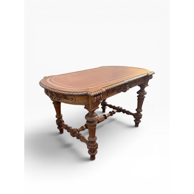 Brown Renaissance Revival Oak Writing Desk With Tooled Leather Top, Late 19th–Early 20th Century For Sale - Image 8 of 18
